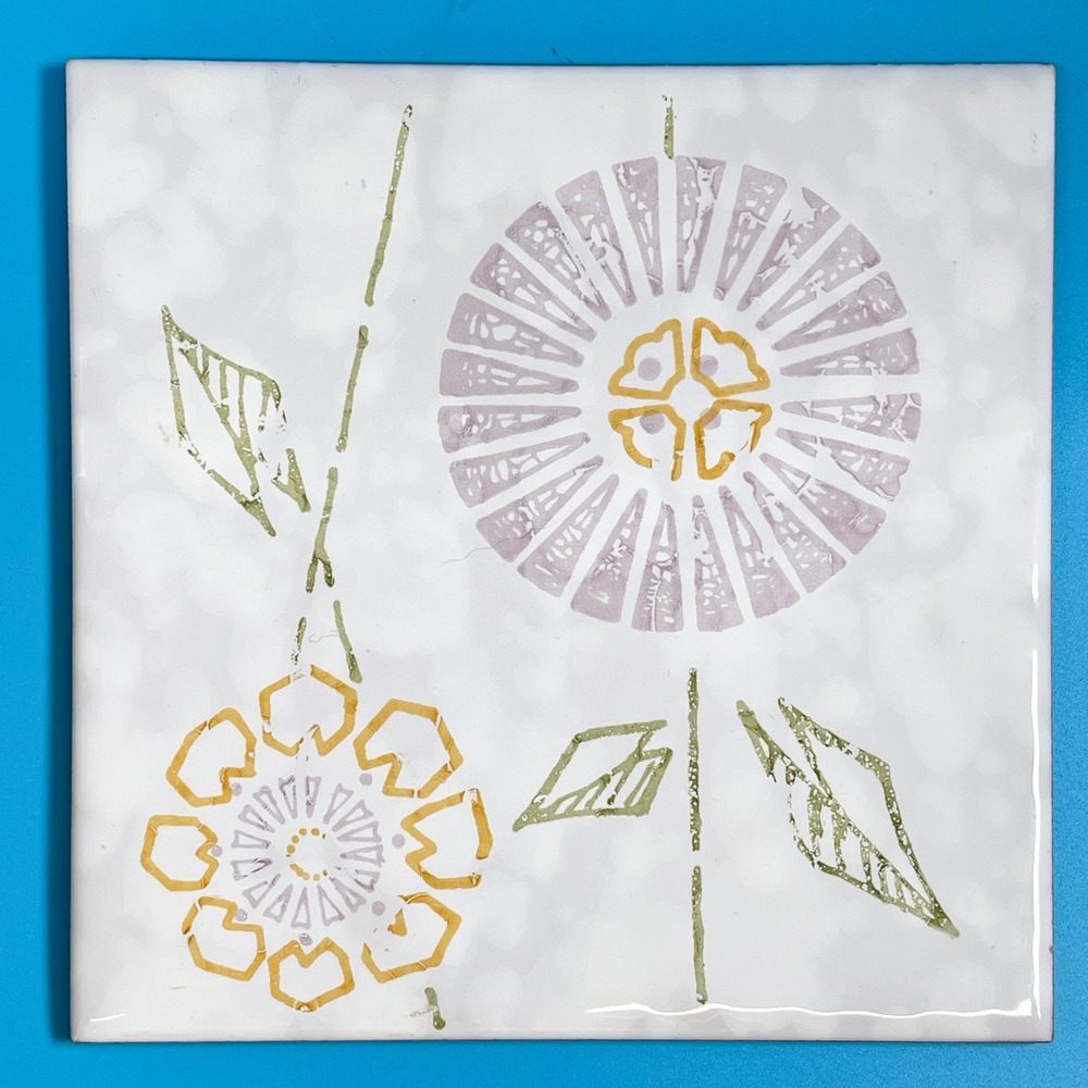 Vintage Floral Decorative Ceramic Tile Trivet Purple Yellow Boho Mod Retro 70s